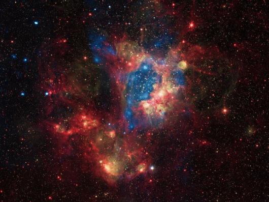 This composite image shows a superbubble in the Large Magellanic Cloud (LMC), a small satellite galaxy of the Milky Way located about 160,000 light years from Earth. 