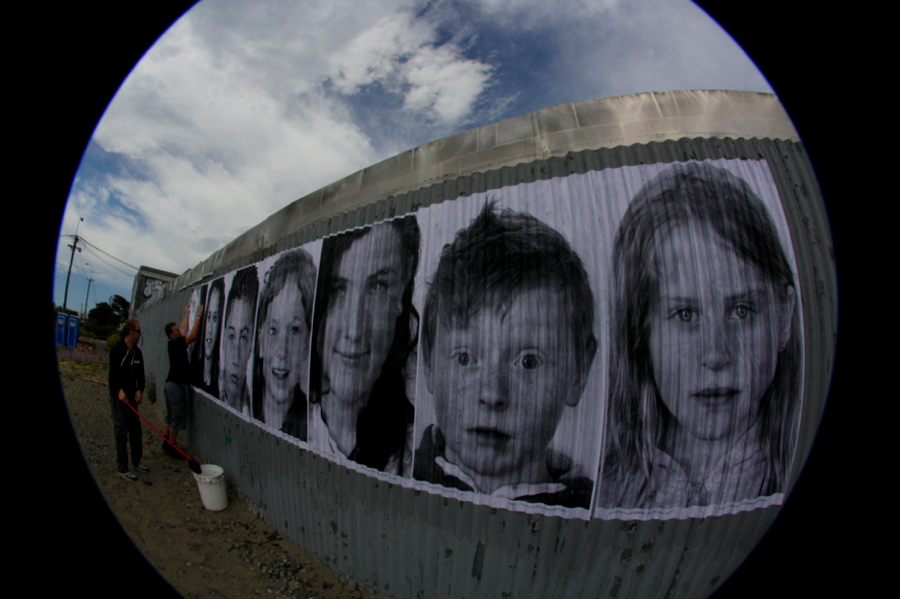 This school in Christchurch, New Zealand, was hit hard by an earthquake, and the community lacks the funds to rebuild it. To increase support, participants of Inside Out pasted posters of the children who attended the school, and their grandparents who -- generations ago -- also studied there. 