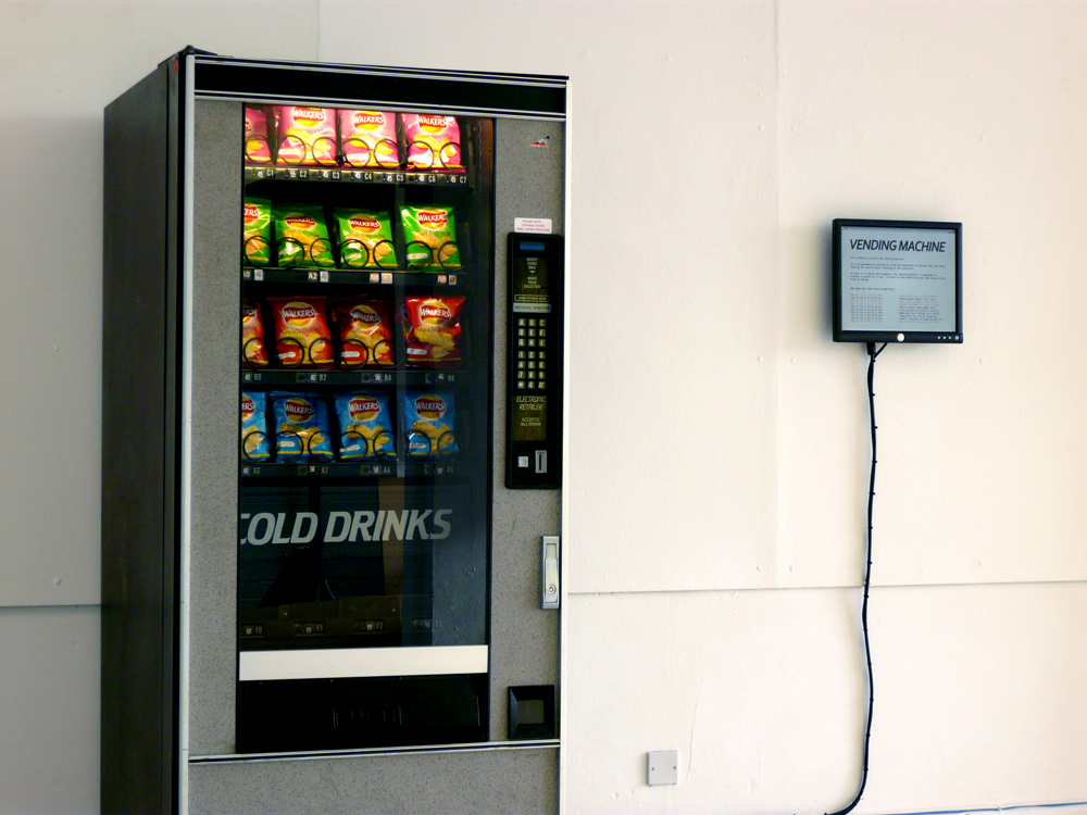 Ellie Harrison's piece Vending Machine, chosen by Julie Freeman for exhibition at the Open Data Institute, dispenses free crisps in response to recession data. Photo:  Ellie Harrison