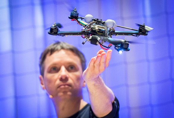 A close up look at a quadcopter, from speaker Raffaello D’Andrea’s Flying Machines demonstration lab. Photo: James Duncan Davidson