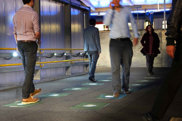 PaveGen floor tiles catch the energy of everyday walking. Here, they appear at London's West Ham Underground station. Photo: Courtesy of PaveGen