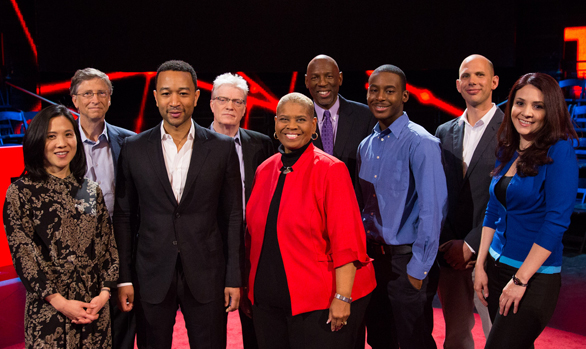 Rita Pierson, center in red, stands with fellow speakers from TED Talks Education. From left, Dr. Angela Lee Duckworth, Bill Gates, host John Legend, Sir Ken Robinson, Dr. Pierson, Dr. Geoffrey Canada, Malcolm London, Ramsey Muhallam and Pearl Arredondo. Photo: Ryan Lash