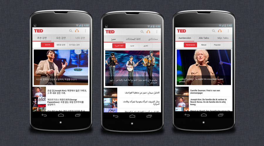 TED's Android app, localizes in Korean, Arabic and German.