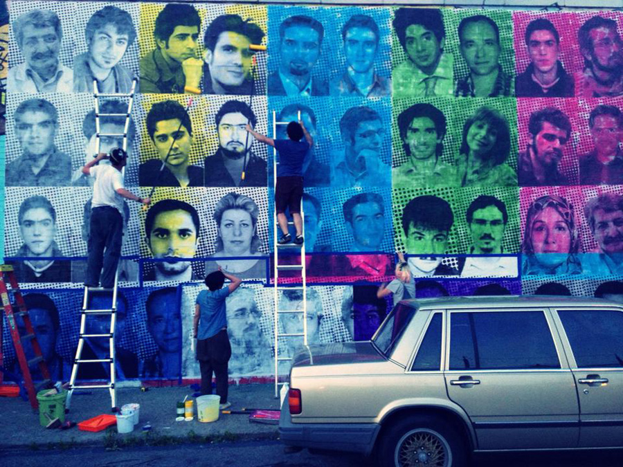Brooklyn, NY/Iran: After learning that only person from Iran had participated in the world’s largest participatory art project, Saman Arbabi pasted the faces of 40 people who were killed in the aftermath of the 2009 Iranian presidential elections.