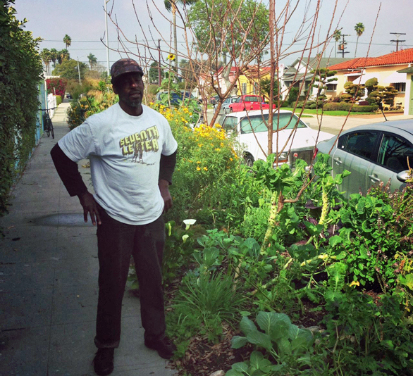 Ron Finley proudly stands beside his curbside vegetable forest during a gardening party the week after TED2013. Photo: Nick Weinberg