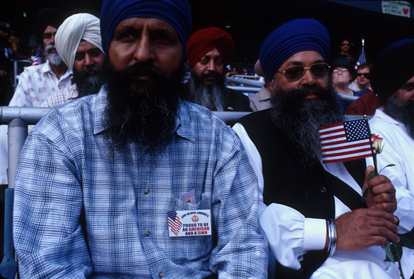 "A Prayer for America" at Yankee Stadium. A group of Sikhs show their patriotism. After September 11, there were several incidents of Sikhs being beaten - having been mistaken for Muslims - across the US. Submitted by Harry Zernike.