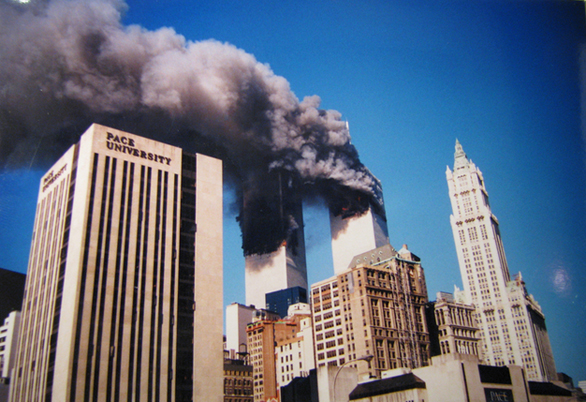 The Twin Towers fully engulfed in fire, just before the collapse. Submitted by James O'Brien.