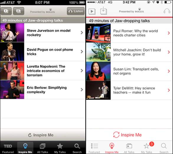 A side-by-side look at the previous TED app, and the updated look for iOS7.