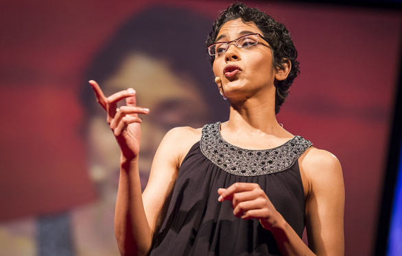 This image of Abha Dawesar at TEDGlobal 2013 gives an interesting illustration of her concept of the "digital now." We see her ... in front of the digital reflection of herself. Photo: James Duncan Davidson