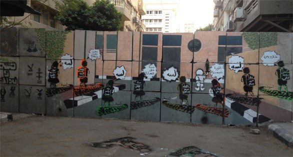 Cairo is layered with spray paint. In 2011, TED Fellow and artist Bahia Shehab sprayed this wall with her series "A thousand times no." Later, the work was covered by another artist. At which point, Shehab returned and sprayed over that, with images of schoolchildren.