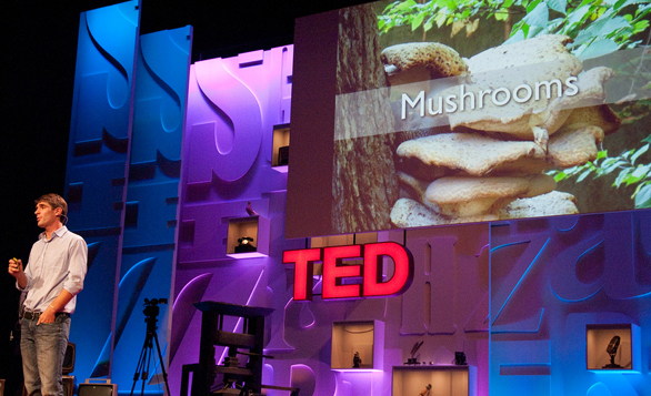 Product designer Eben Bayer is just one speaker whose shared an idea for how mushrooms can save the world on the TED stage.