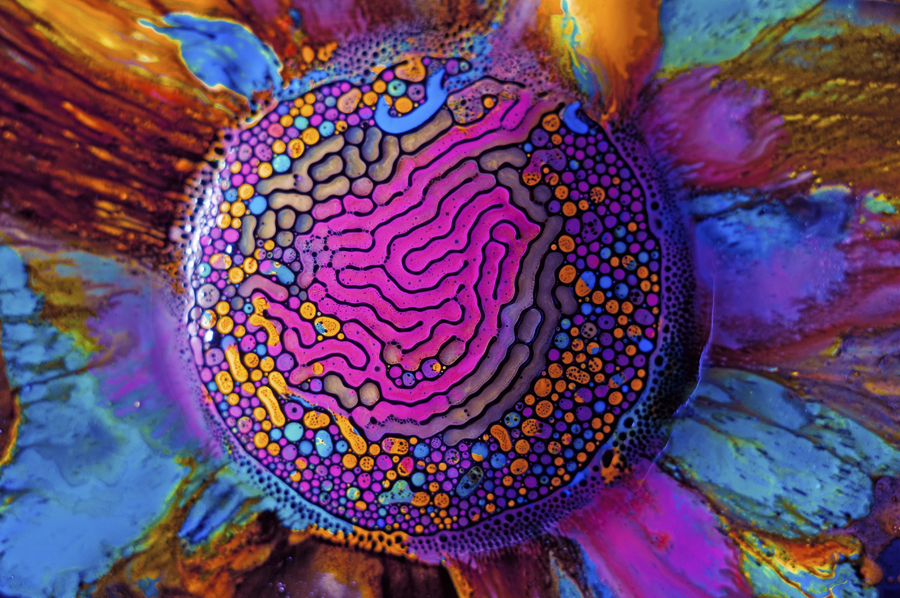 Millefiori No. 01 (2012) Ferrofluid is a magnetic, hydrophobic liquid that forms colorful curves and channels when deposited onto a magnet and injected with watercolor paints. More starting at 5:20 in Oefner’s talk. 