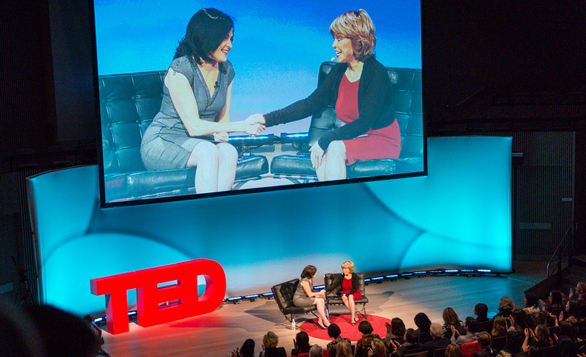 Sheryl Sandberg shakes hands with Pat Mitchell, who urged her to talk about women and leadership at TEDWomen in 2010. The talk became her book, Lean In. Photo: Kristoffer Heacox