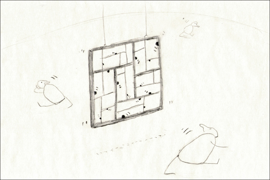 The artist's early sketch of the sculpture 'Framerunners,' a complex windowpane that is inhabited by a tribe of bouncing figures, who can hide. Hear more in today's talk. Image: Courtesy of Pors & Rao Studio