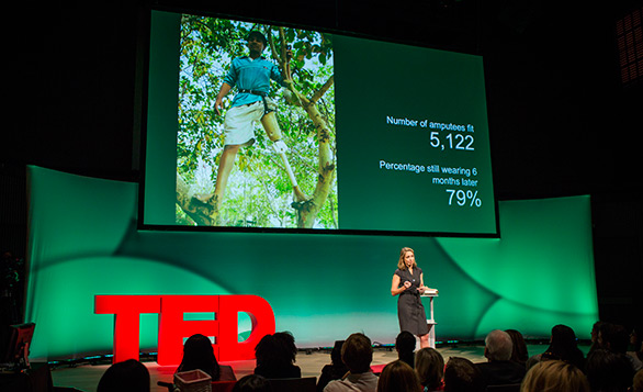 Krista Donaldson of D-Rev speaks at TEDWomen about the need for a cheap and functional prosthetic knee. Photo: Marla Aufmuth