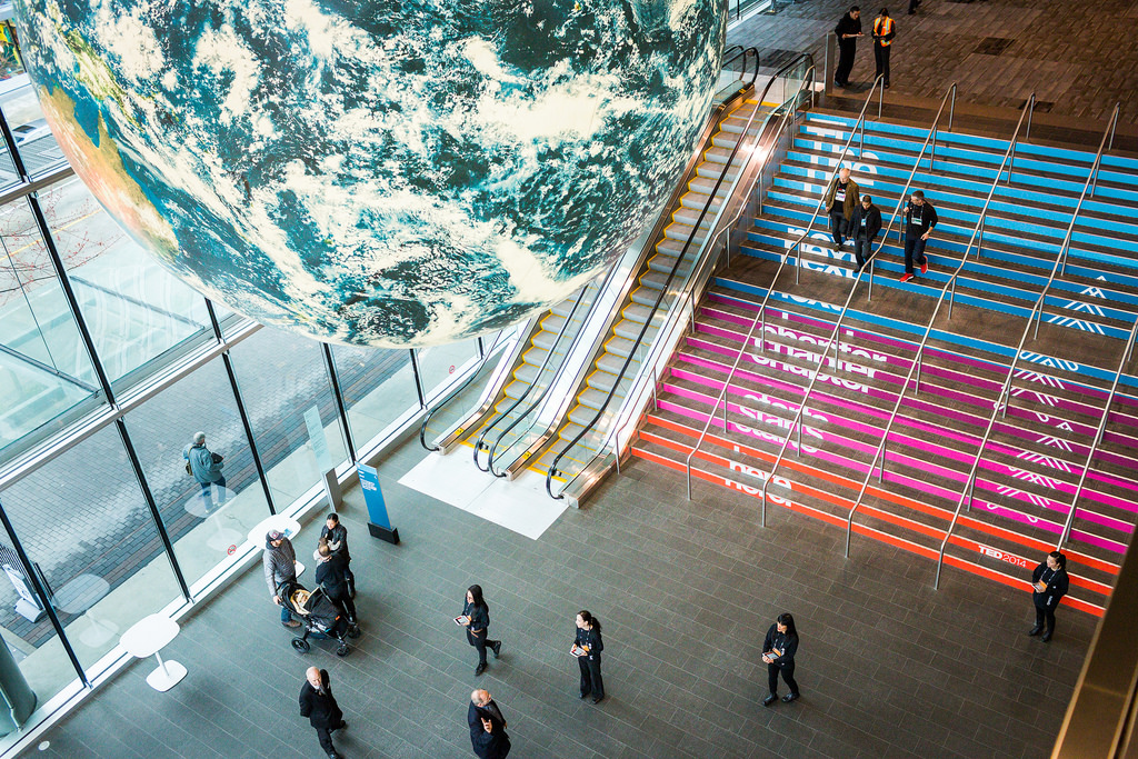 A bird's-eye view of the lobby at the Vancouver Convention Centre, complete with spinning globe and "The Next Chapter" stairway. Photo: Bret Hartman
