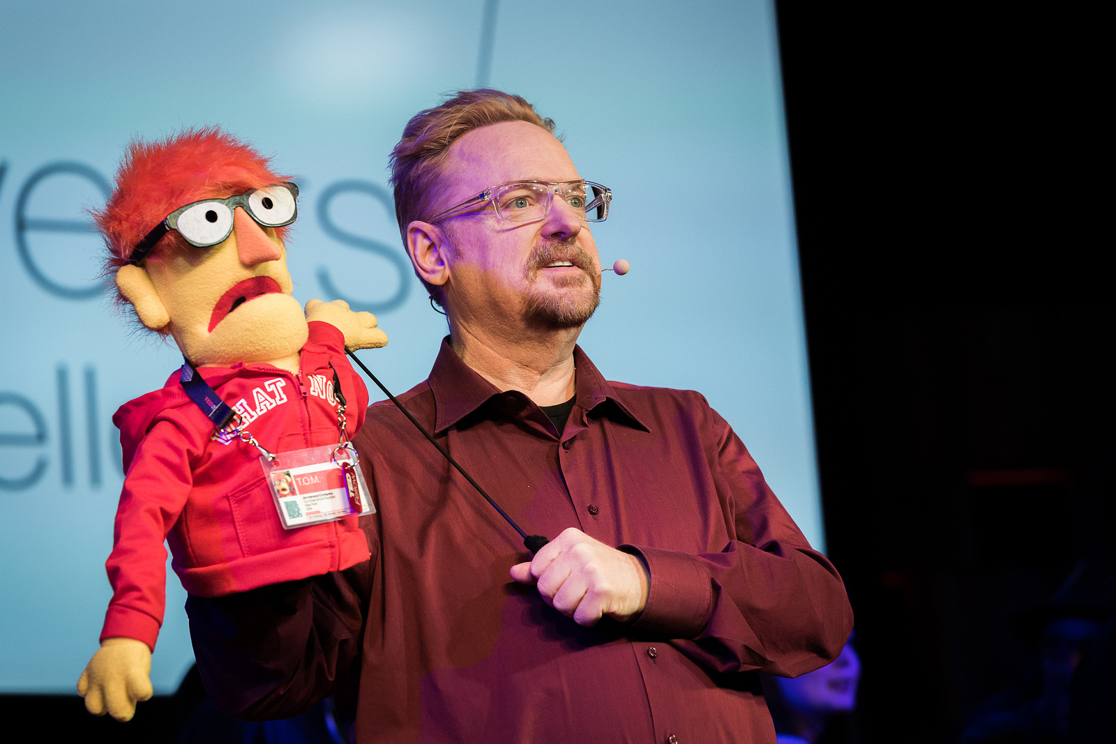 TED's own Tom Reilly is gifted with a puppet of himself during the TED Fellows sessions. Last summer, he presented a similar puppet to Fellow Asha de Vos. Photo: Ryan Lash