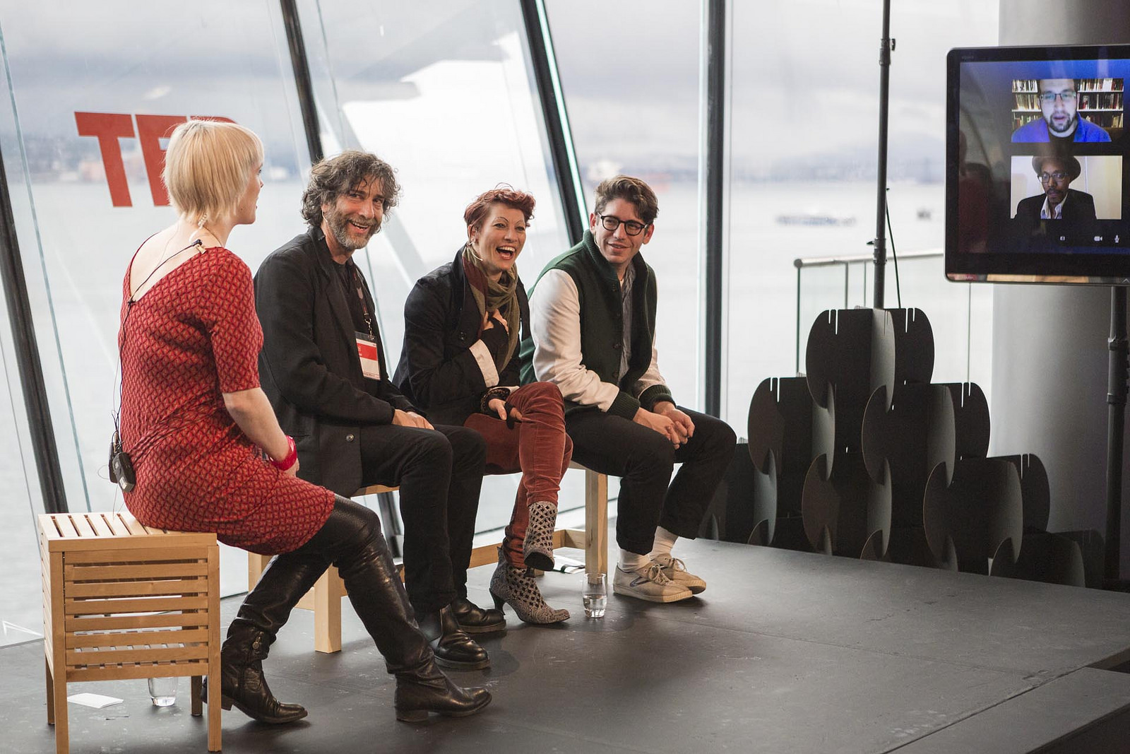 At the Skype Studio, Helen Walters interviews Neil Gaiman, Amanda Palmer and many others about Connection, Crowd-funding and Creativity. Photo: Bret Hartman