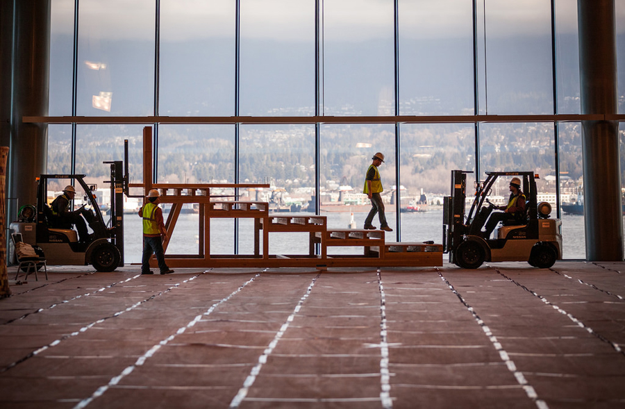 One of the first pieces of the theater gets assembled in the Vancouver Convention Centre. Photo: Mike Femia