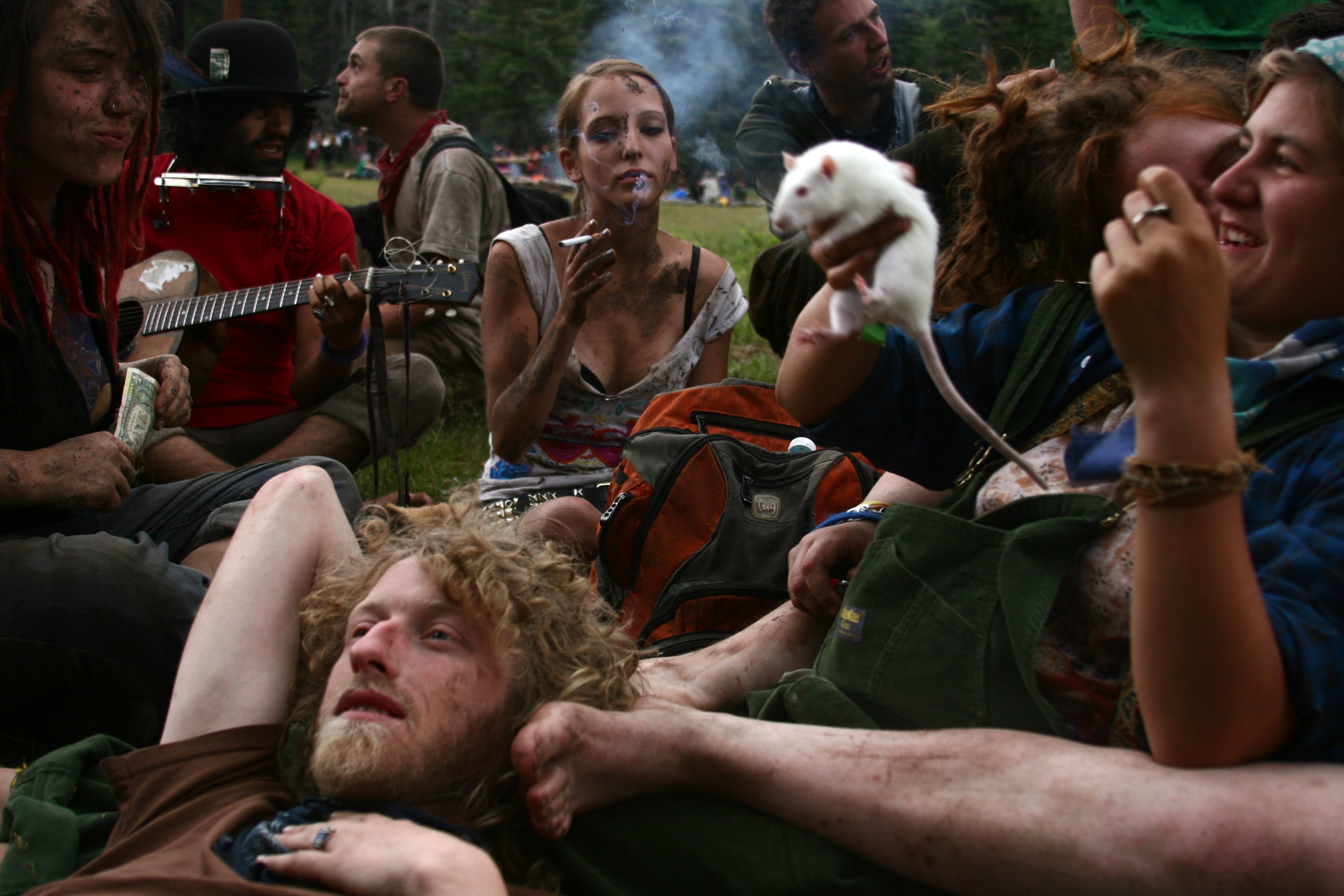 Young nomads congregate at the "Dirty Kids Corner" at the National Rainbow Gathering in the Santa Fe National Forest, New Mexico. July 2009. Photo: Kitra Cahana