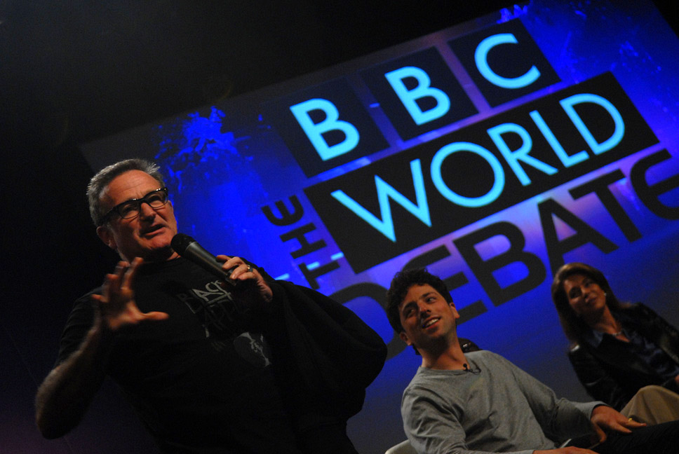 Robin Williams hijacks the TED2008 stage before the BBC World Debate. Photo: Andrew Heavens