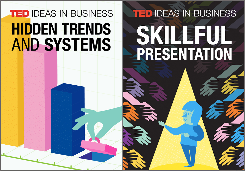 TED Ideas in Business are playlists that bring together talks of interest to professional audiences. Here, the art for "Hidden Trends and Systems" and "Skillful Presentation."