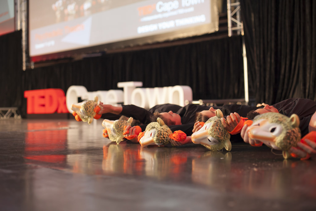Performers at TEDxCapeTown, complete with sheep masks. Photo: Courtesy of TEDxCapeTown
