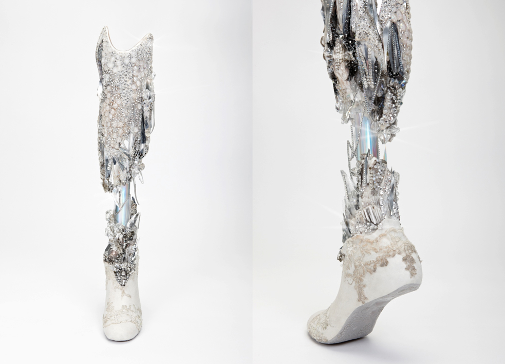 A crystallizedlLeg created by Sophie de Oliveira for Viktoria Modesta, who was playing the Ice Queen at the London 2012 Paralympic Closing ceremony. It was fitted at Queen Mary's Hospital. Photo: Omkaar Kotedia