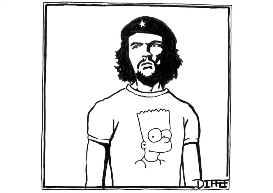 "This is how humor works out, by bringing together two different things that usually don't go together," Mankoff says. "Usually, revolutionary Che Guevara is the T-shirt, but it turns out he admires another icon, Bart Simpson, a rebel in his own way. There's a tiny bit of disparagement here; Che is a little downcast. But Bart wearing Che wouldn't be funny." Matt Diffee, February 2, 2004.