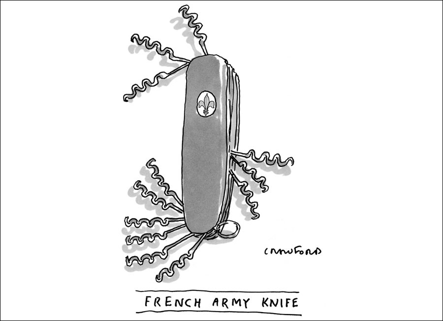 "This is a wonderful example of bringing together two different levels of association, with a tiny bit of disparagement against the French, which is always enjoyable," says Mankoff with a wink. "Normally it'd be a Swiss army knife but here it's French so it's all corkscrews. It's saying they like wine, which isn't too bad. It's not saying they're not inveterate alcoholics. For the viewer, there's the little cognitive thrill of putting things together." Michael Crawford, September 10, 2001.