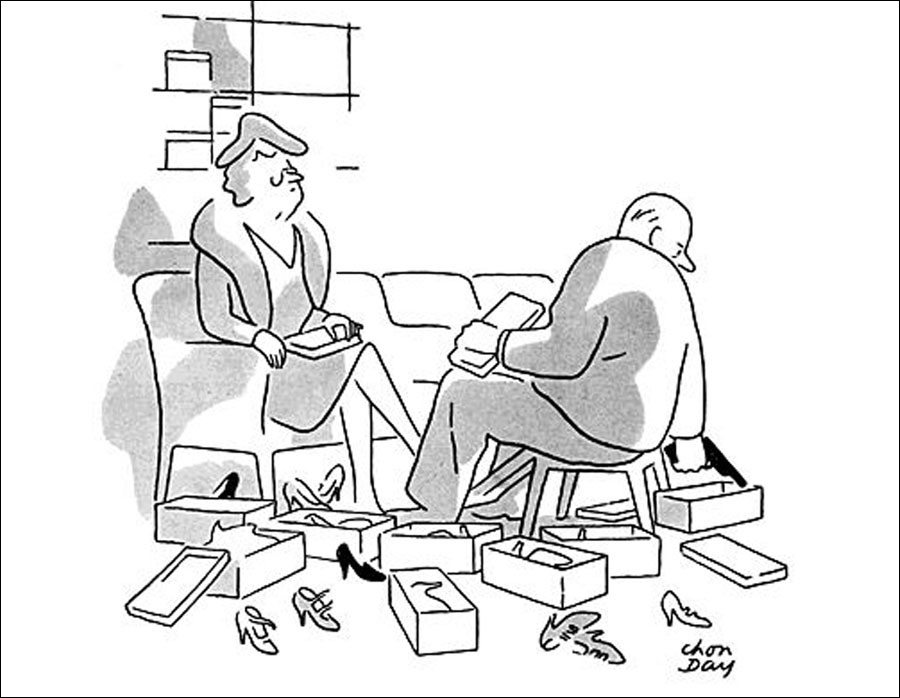 “This is a simply perfect cartoon; it’s perfectly constructed,” says Mankoff. “We have no empathy or sympathy for the pain-in-the-ass old biddy. Then there’s this guy, this shoe salesman, bringing out hundreds of shoes. We think he’s reaching for another black shoe and it turns out he’s reaching for a gun. But this is important: we know he’s not going to kill her. If he shot her, it’d be horrible. This is fantasy, not reality.” Chon Day, December 14, 1946.
