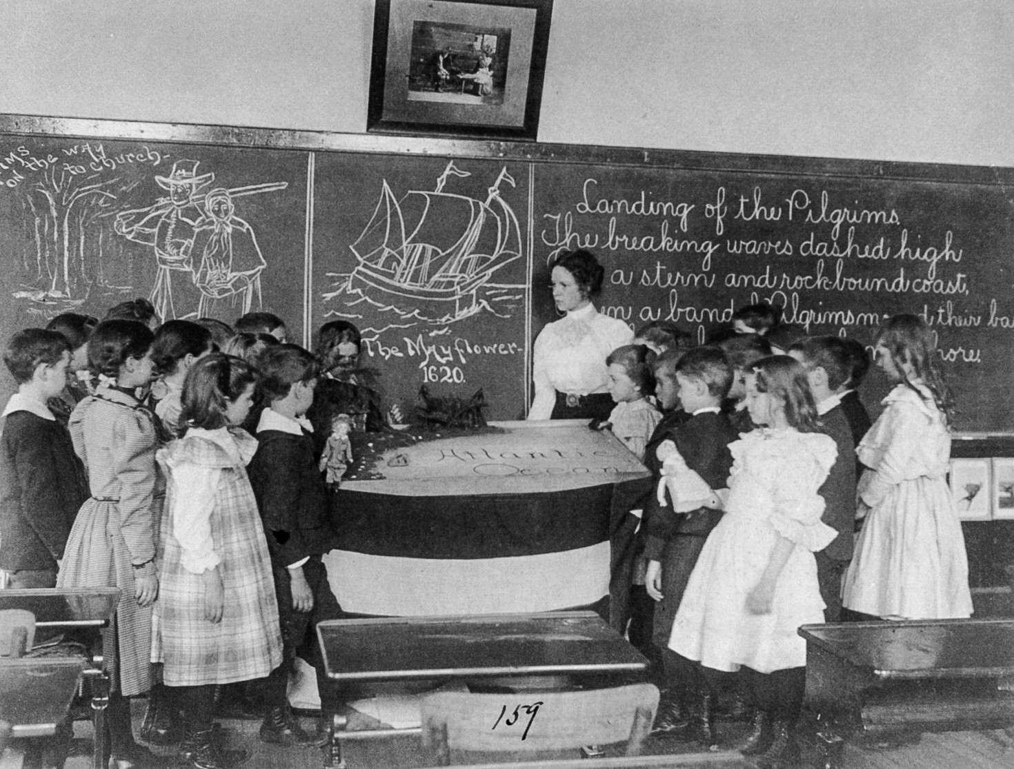 An American classroom ca. 1899: students studying the landing of the Pilgrims at Plymouth, Mass. Photo via The Library of Congress. http://www.loc.gov/pictures/item/2004668395/resource/