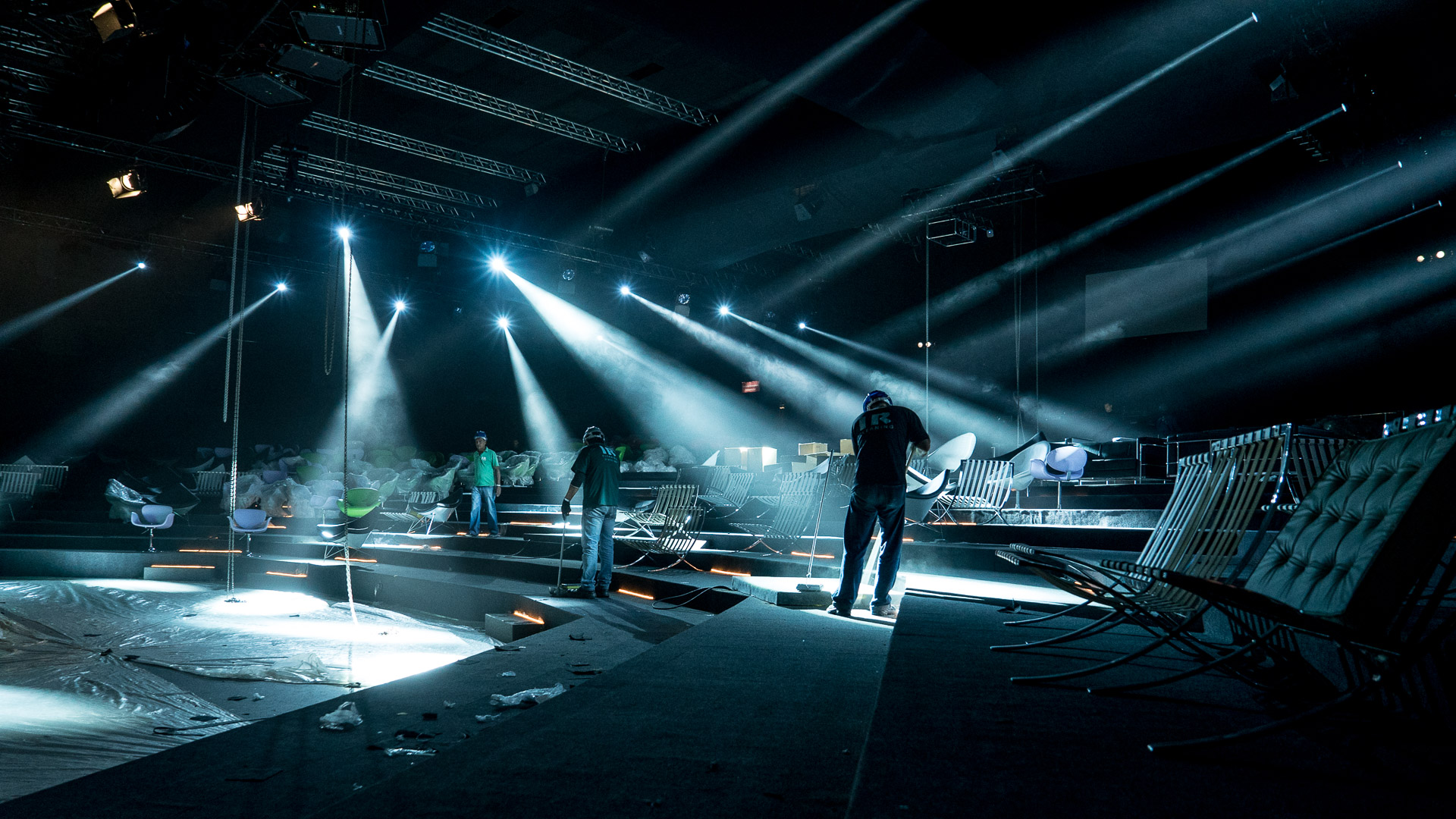 Inside the TEDGlobal Beach Theater, an extension of the Copacabana Palace Hotel, workers attend to the final touches while our crew tests the lights! Photo: James Duncan Davidson