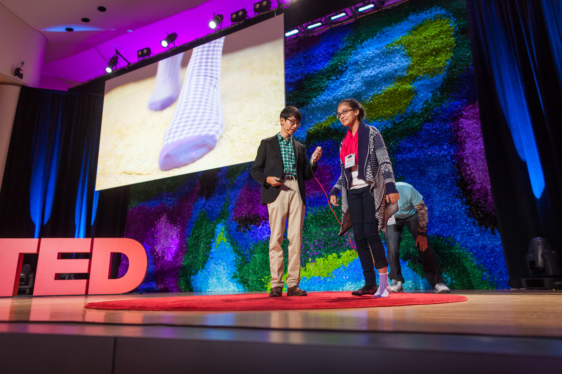 Kenneth Shinozuka and that sock model at TEDYouth. Photo: Ryan Lash/TED