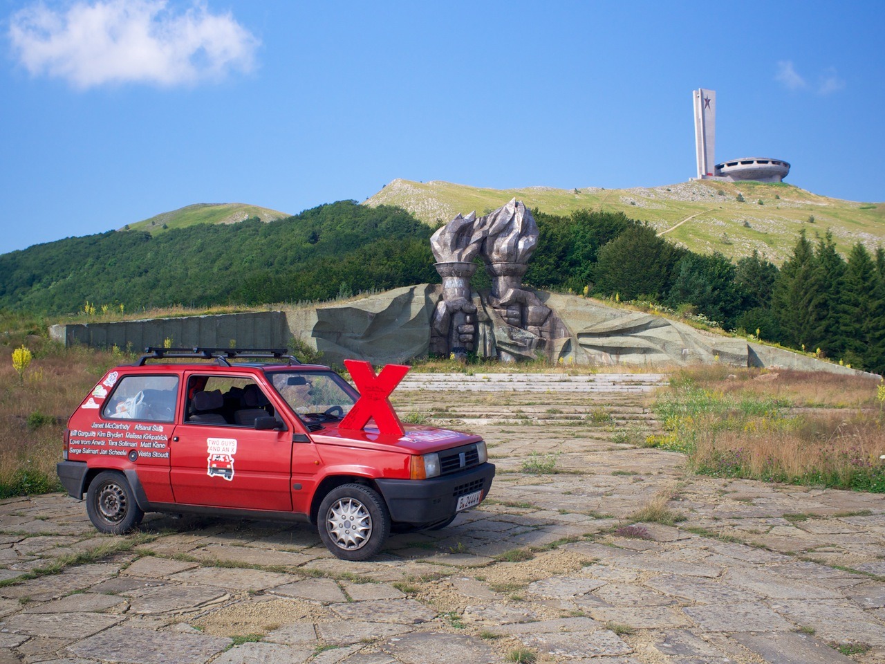 Nate Mook and Steve Garguilo visit Buzludzha, an abandoned communist monument in Bulgaria. With a big red x. Photo: Nate Mook