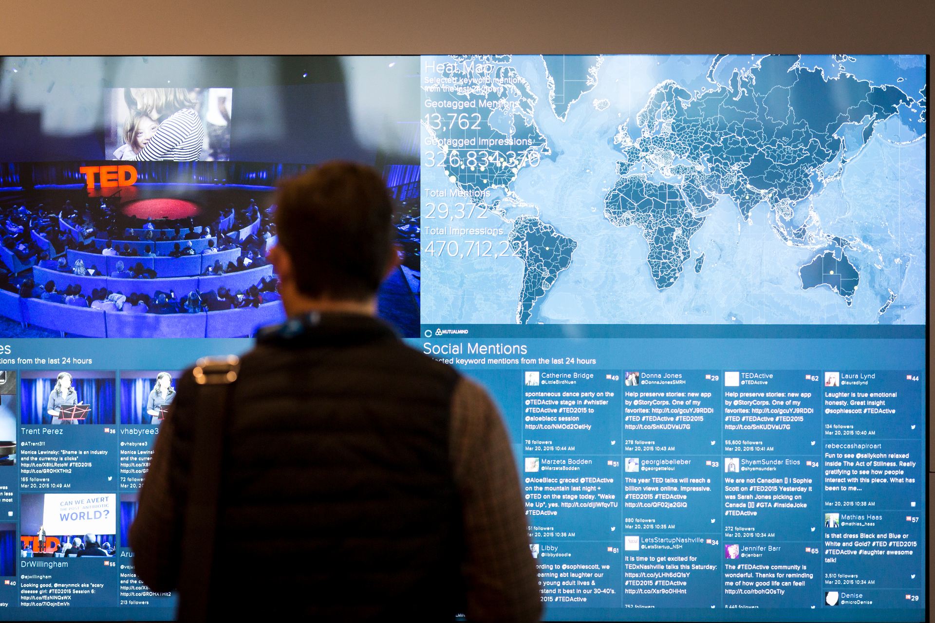 At the IBM Engagement Center, attendees could dig into real-time data about the conference aggregated from social media. They could see what words people were tweeting, where they were tweeting them from and, perhaps most intriguingly, who was tweeting the most like them. Photo: Ryan Lash/TED
