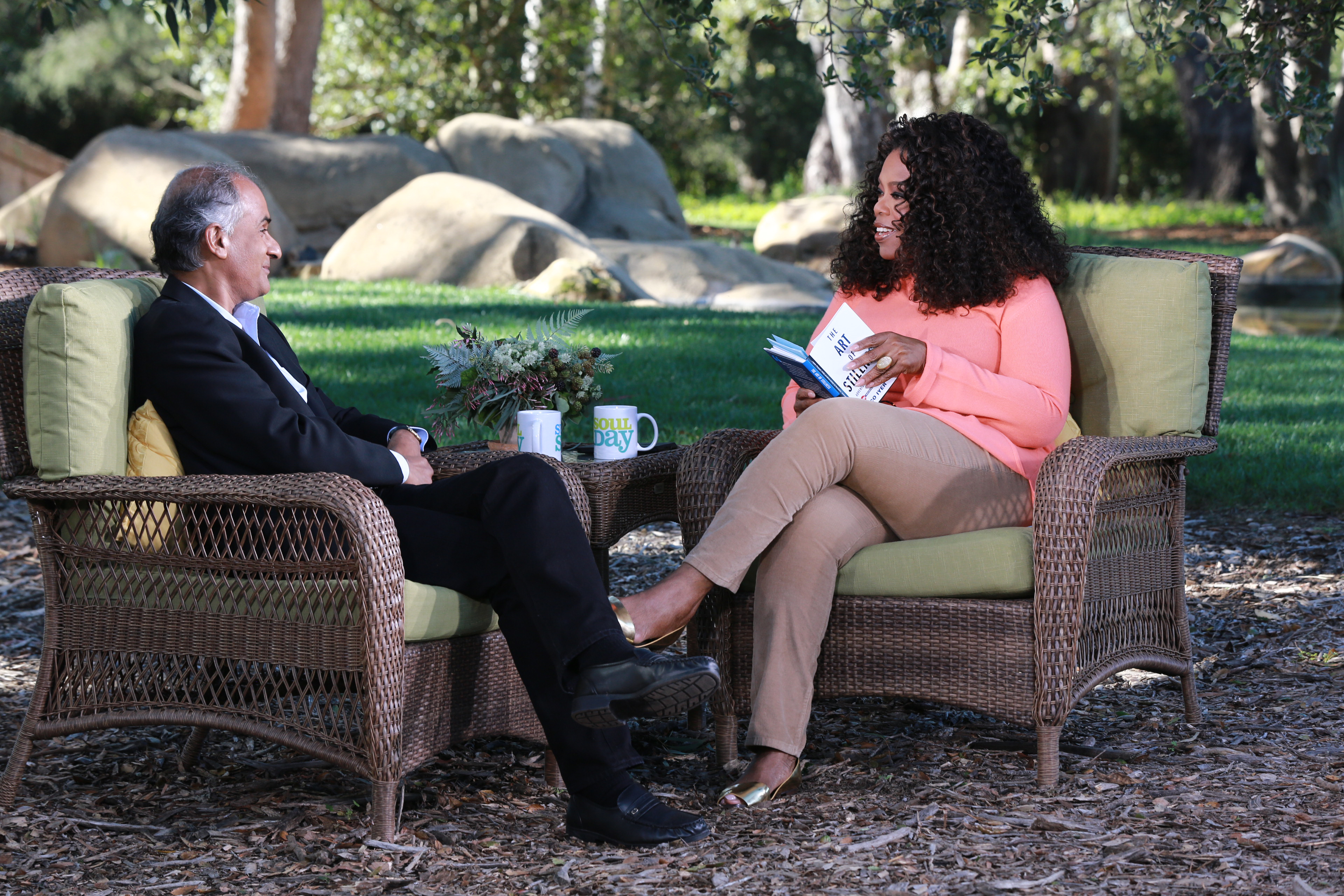 Oprah interviews Pico Iyer for Super Soul Sunday under the oak trees in her backyard. In this upcoming episode of the show, Oprah shares an insight in Iyer's TED Book that led her too "the biggest aha of my life." Photo: Courtesy of OWN