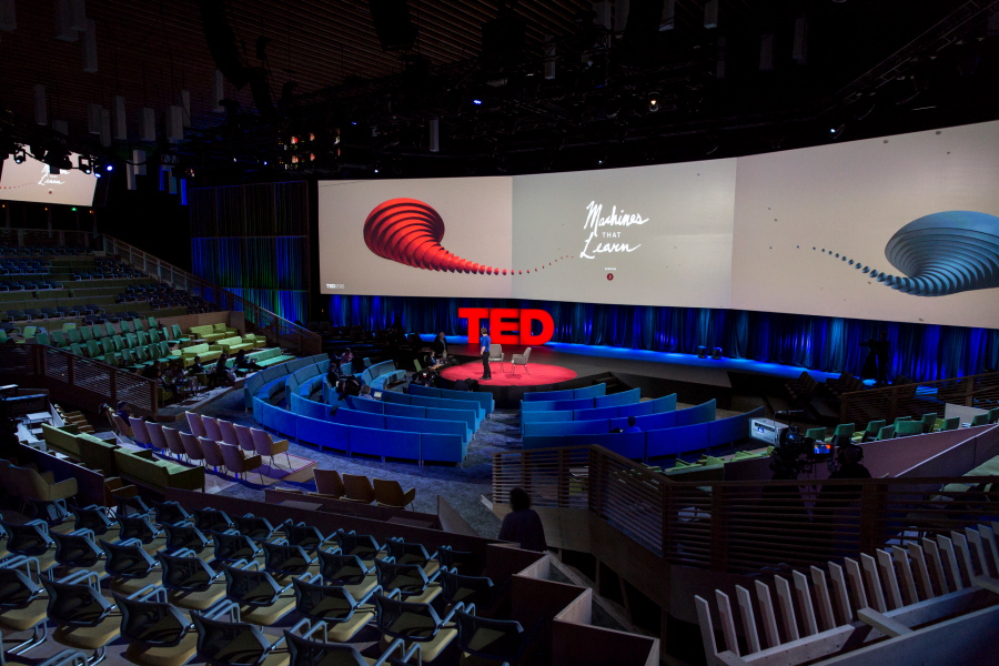 An empty ballroom no more — this space is now a fully-loaded TED theater, designed specifically to give a sense of intimacy for talks. Photo: Bret Hartman/TED