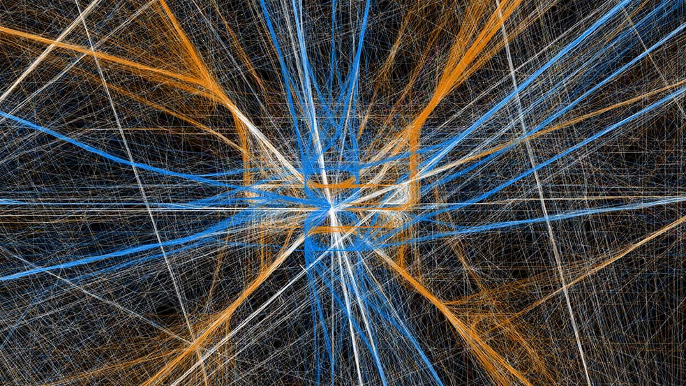 This image looks like a random assortment of blue and yellow yarn. But the lines actually visualize ascending and descending flight into an airport, showing the air traffic control patterns that emerge over time. Courtesy of: Aaron Koblin