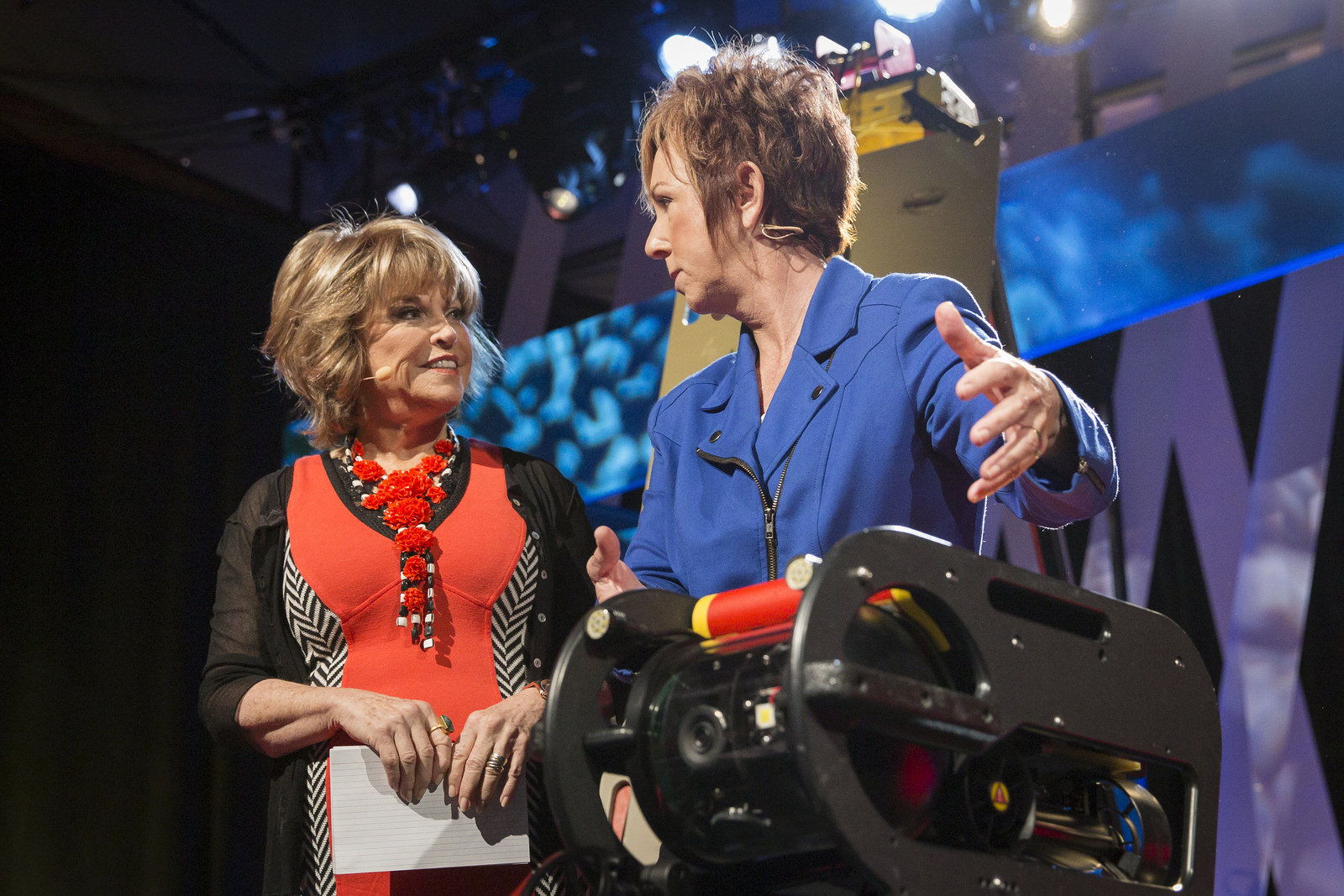 Robin Murphy shows host Pat Mitchell a disaster, able to go into disaster zones and send data back. She had a "petting zoo" of these robots onstage with her in Session 1. Photo: Marla Aufmuth