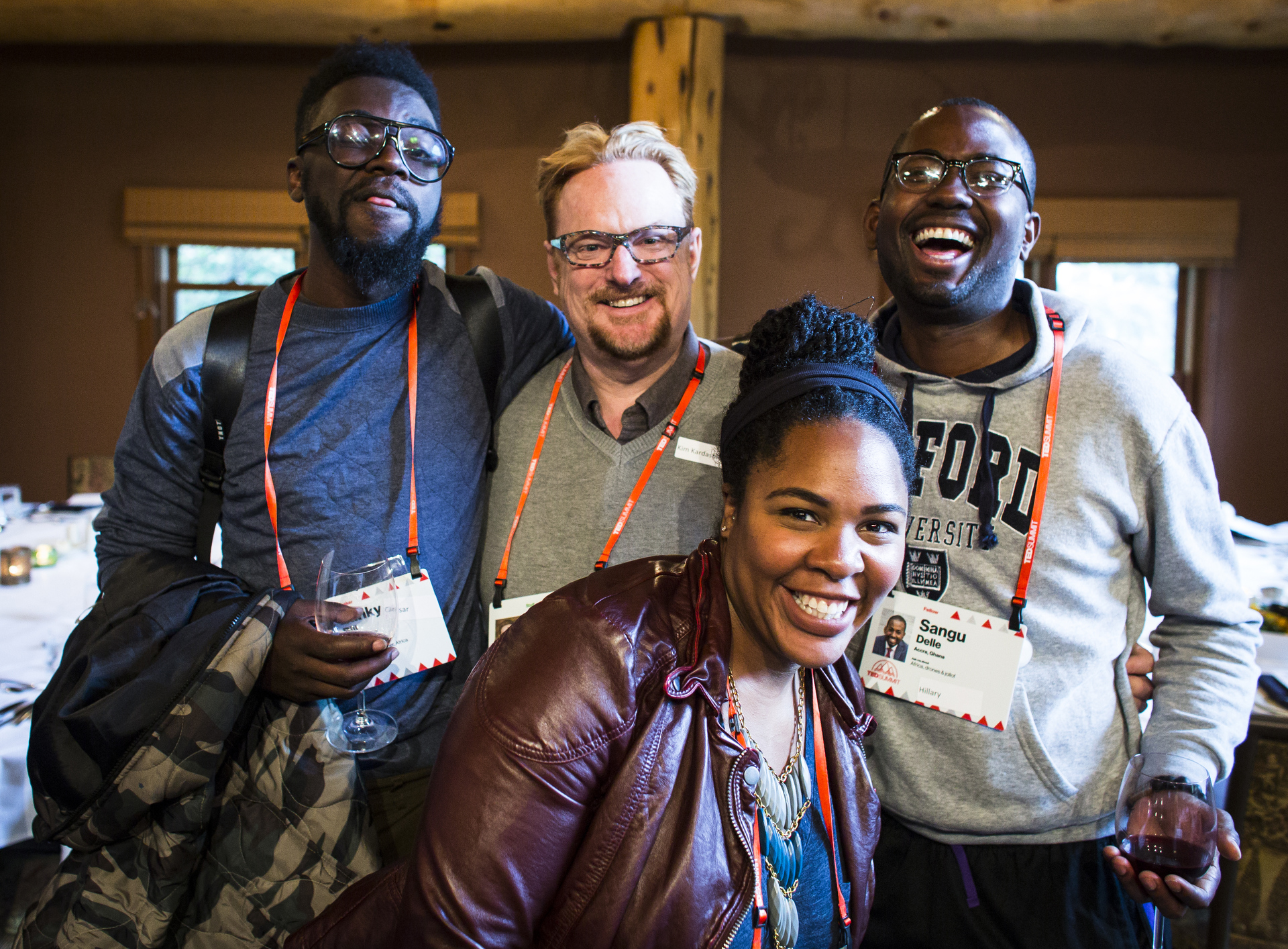 Musician "Blinky" Bill Sellanga, TED Fellows director Tom Rielly, physicist Jedidah Isler and entrepreneur Sangu Delle reconnect at a dinner for the TED Fellows at TEDSummit 2016, June 25, 2016, Banff, Canada. Photo: Ryan Lash / TED
