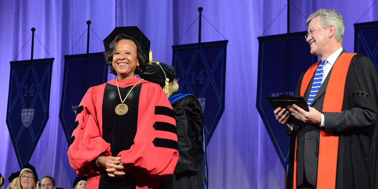 President Paula Johnson received the charter, seal, and keys to the College. Photo: Richard Howard