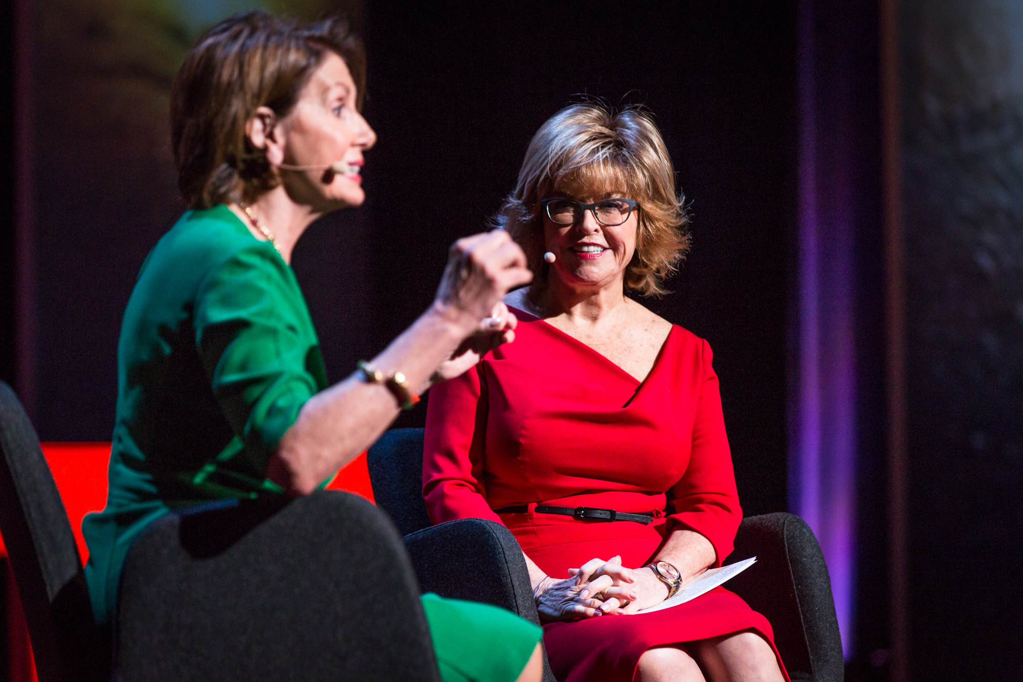 Nancy Pelosi with host Pat Mitchell at TEDWomen 2016 - It's About Time,  October 26-28, 2016, Yerba Buena Centre for the Arts, San Francisco, California. Photo: Marla  Aufmuth / TED