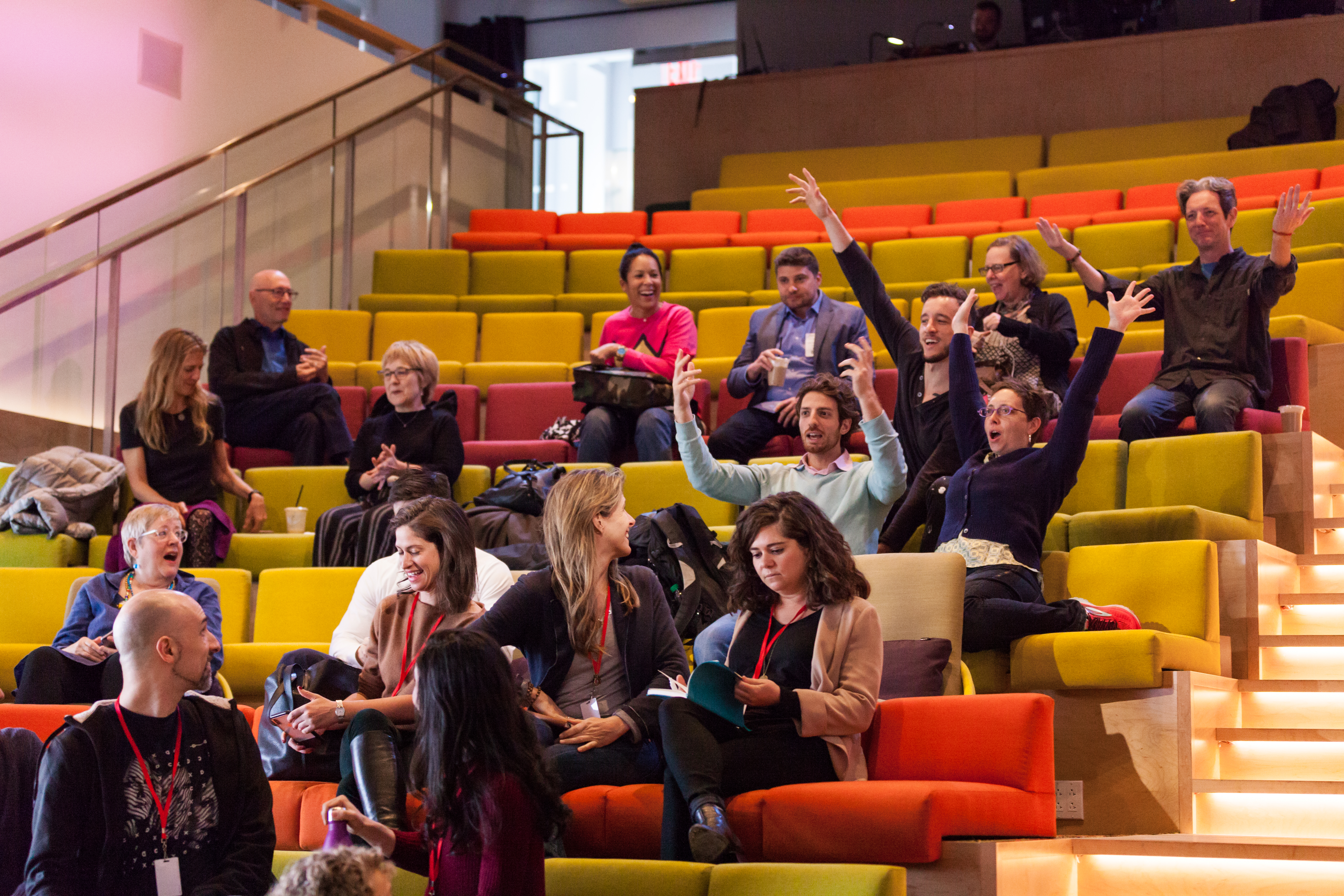 In the office theater for the TEDStart program (also known as orientation): Residents from the fall 2016 class offer a hearty welcome to the newbies. Some 30 alumni dropped by in all.