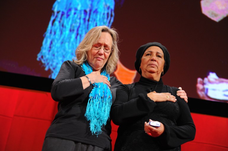 Phyllis Rodriguez and Aicha El-Wafi, whose son helped plan the 9/11 attacks, received a standing ovation for their powerful talk at TED Women in 2010. Photo by James Duncan Davidson/TED.