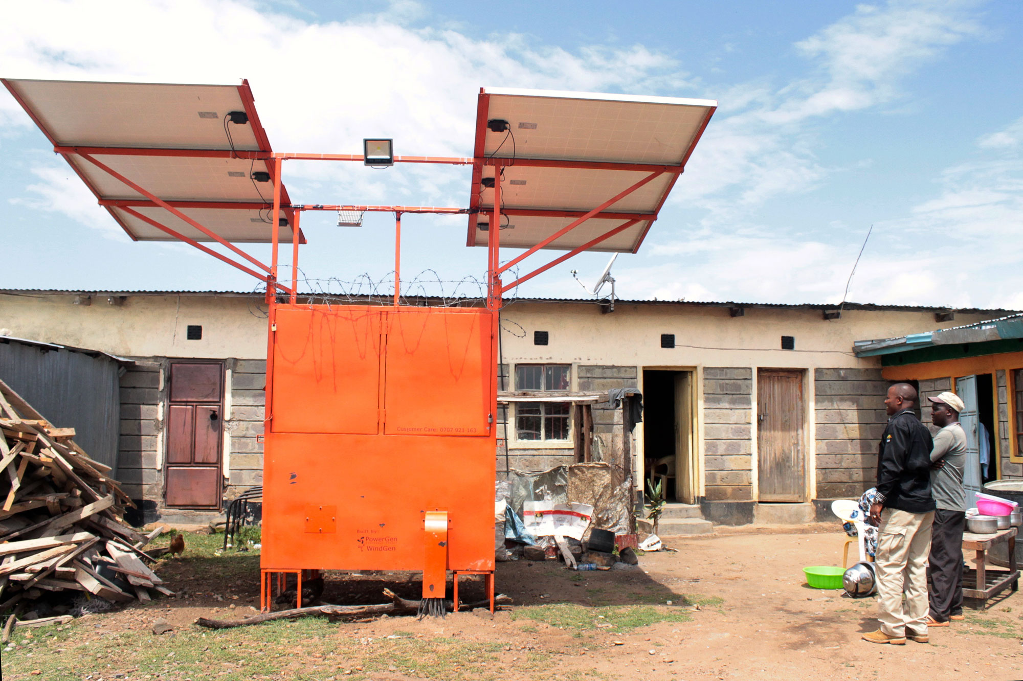 PowerGen's "PowerBox" comprises 1.4kW of solar panels, 9kWh of batteries and a 3kW inverter. It supplies power to 14 clients in Nkoilale, Kenya, all of whom pay for the electricity via mobile phones. Photo by David Sengeh.