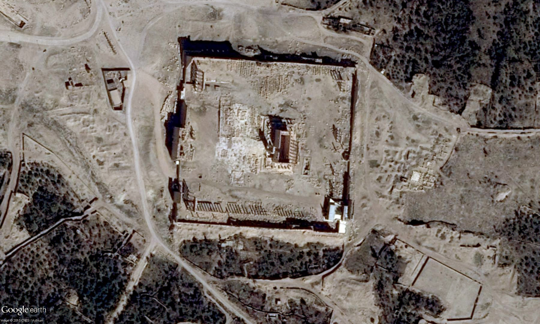 Satellite view of the Temple of Bel in Palmyra. Photo: Google Earth/Digital Globe.