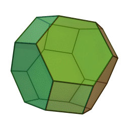 The truncated octahedron has 14 faces (8 regular hexagonal and 6 square), 36 edges, and 24 vertices. Gif: Wikimedia user Hellisp (CC BY-SA)