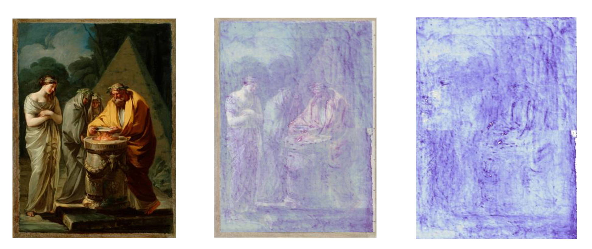 From left to right: Image of Goya's paining, The Sacrifice to Vesta; the same painting with 50% THz visible; 100% THz view of the painting. mage courtesy Albert Redo-Sanchez/MIT Media Lab